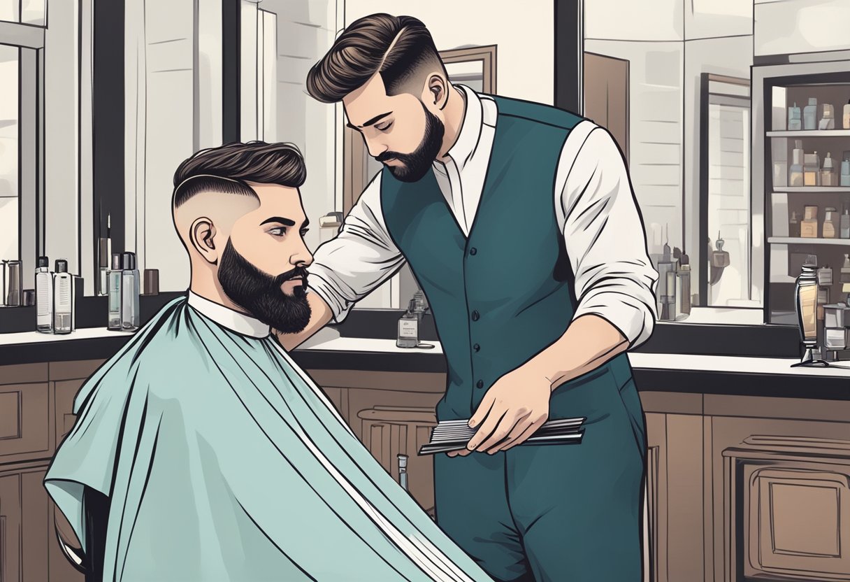 A barber carefully selecting a trendy men's haircut from a book of styles