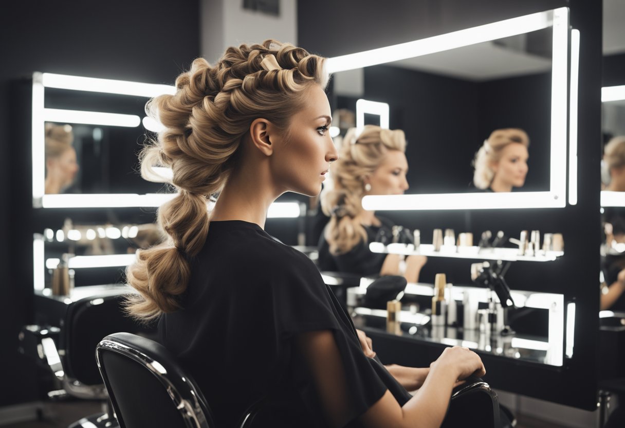 A woman sitting in a modern salon chair, surrounded by mirrors and hair styling tools, as a stylist works on her hair