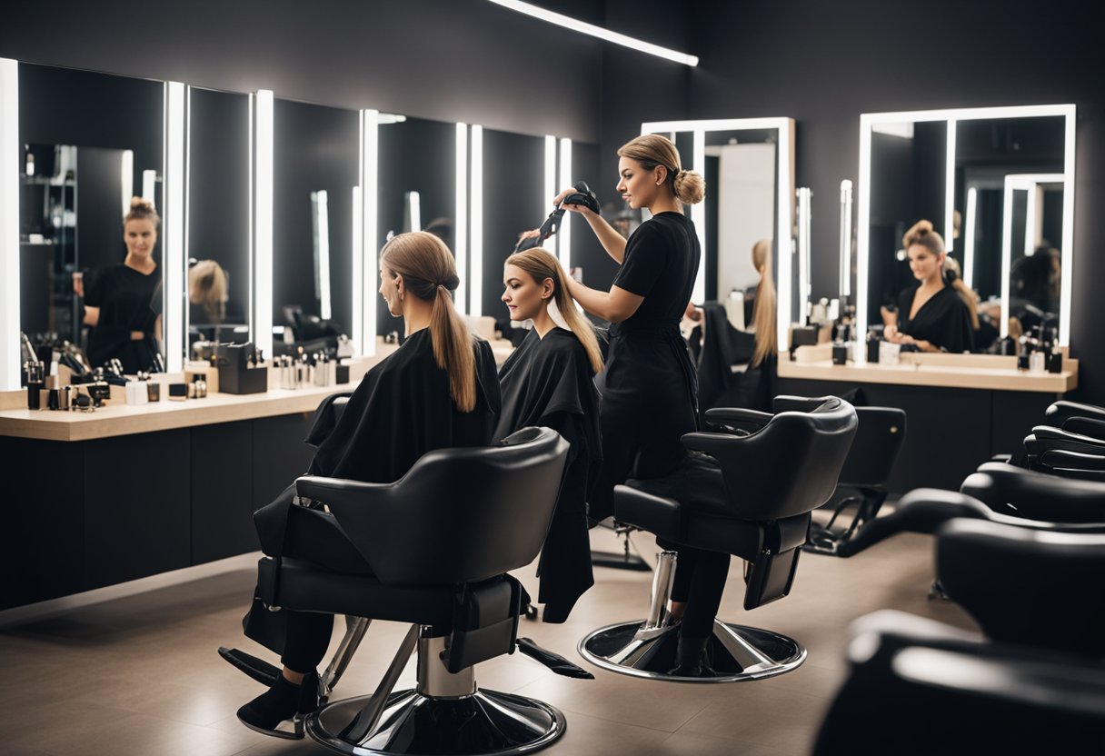 A woman sitting in a salon chair, surrounded by mirrors and hair styling tools, as a hairstylist carefully crafts her perfect haircut