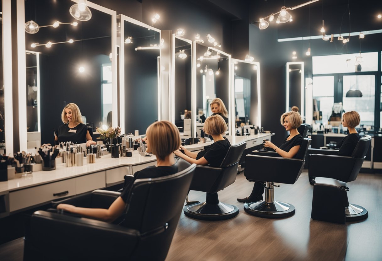 A woman sitting in a salon chair, surrounded by mirrors and hair cutting tools, as a hairstylist trims her hair into a sleek and stylish haircut