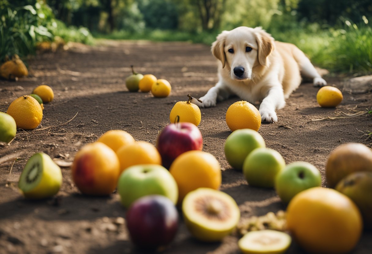 A variety of fruits scattered on the ground, with a curious dog sniffing and inspecting each one