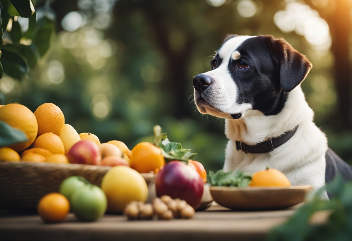 A dog surrounded by a variety of fruits, with a questioning expression on its face