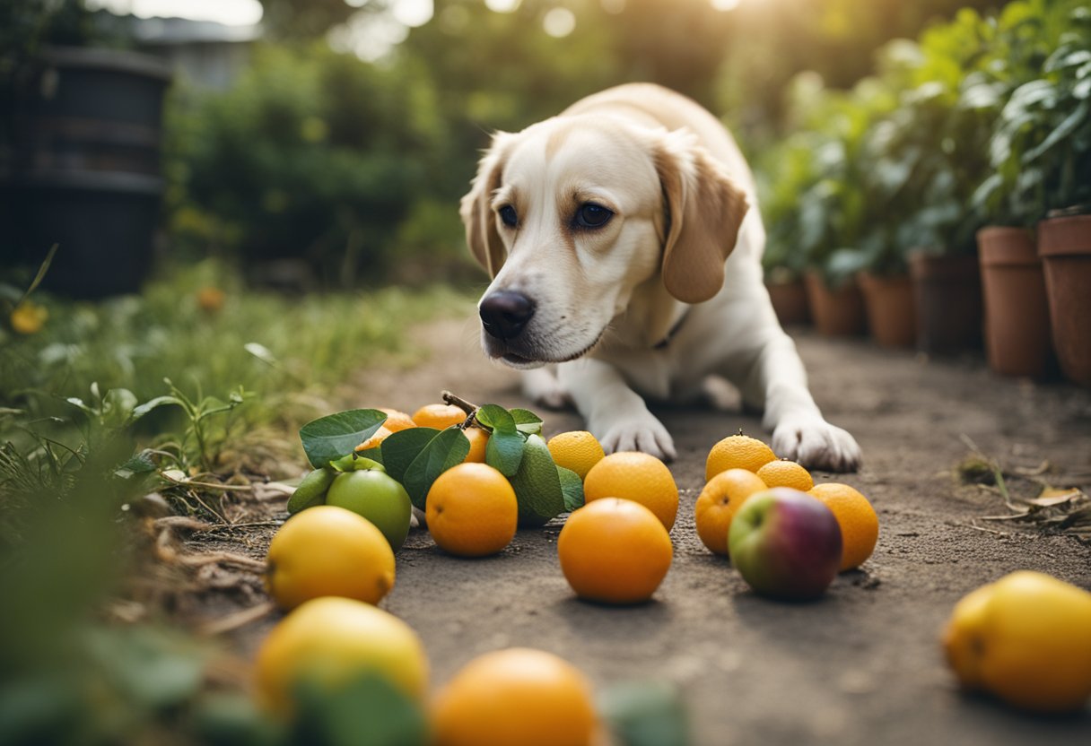 A variety of fruits scattered on the ground, with a curious dog sniffing and inspecting them