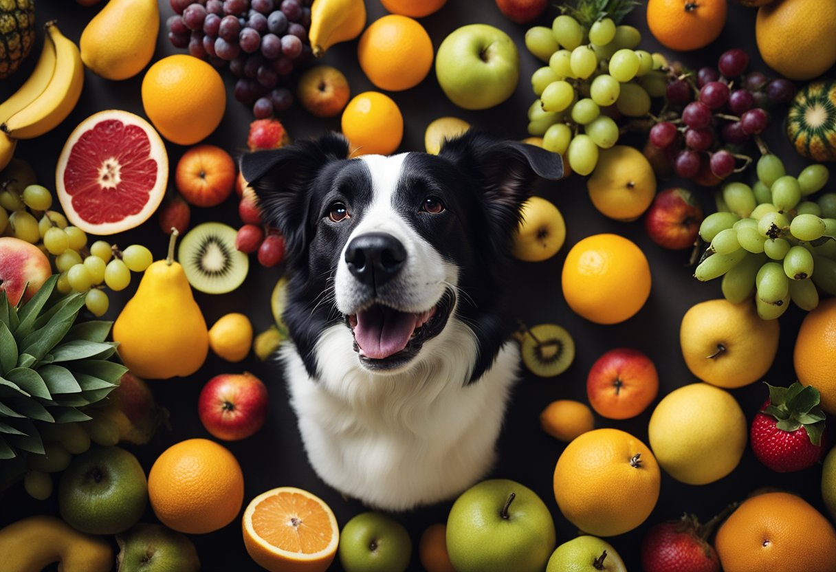 A dog surrounded by various fruits, with a question mark above its head