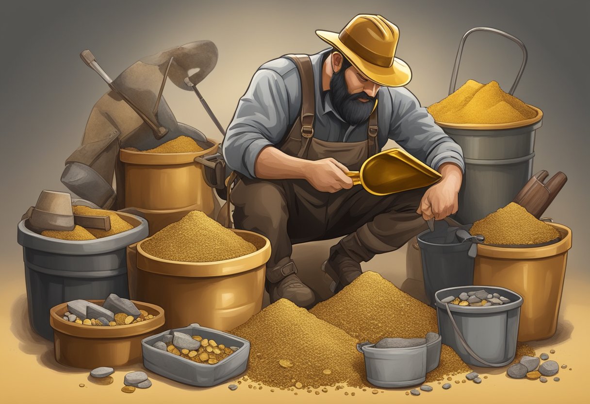 A prospector sifting through various bags of paydirt, each labeled with different gold content percentages, surrounded by mining tools and equipment