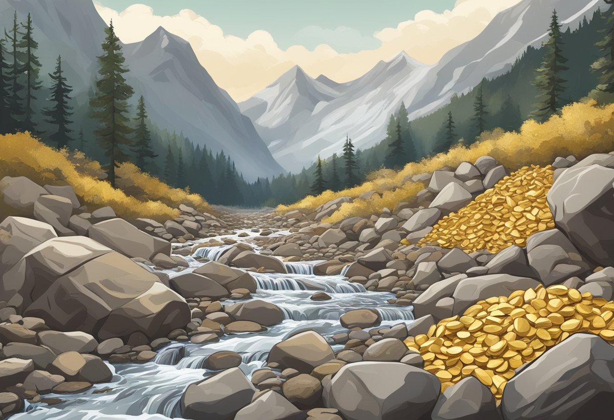 A rugged mountain stream flows through a rocky landscape, with scattered bags of gold paydirt waiting to be sifted