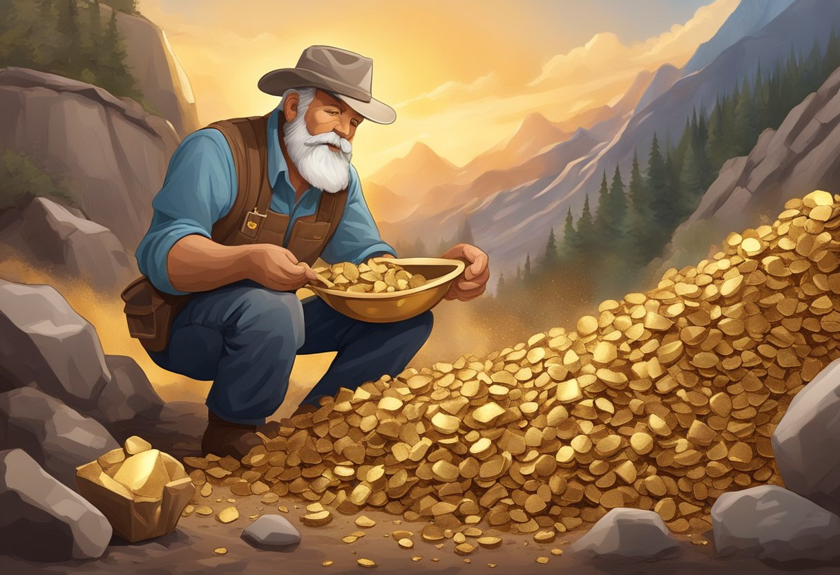 A prospector sifting through a pile of rich, golden paydirt, with a glint of excitement in their eyes as they uncover precious nuggets and flakes of gold