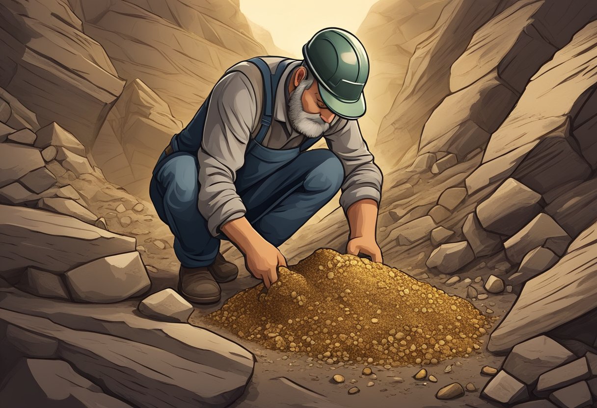 A miner carefully sifts through a pile of paydirt, examining the texture and color for signs of quality gold deposits