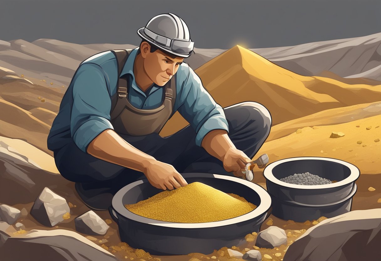 A miner sifting through various types of paydirt, examining the color and texture of the gold content