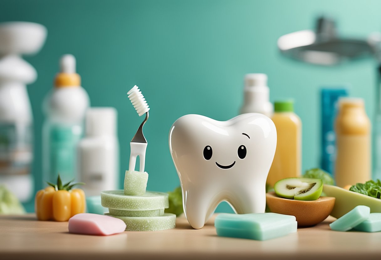 A smiling tooth surrounded by a shield of toothpaste, floss, and healthy foods, with a dentist's chair in the background