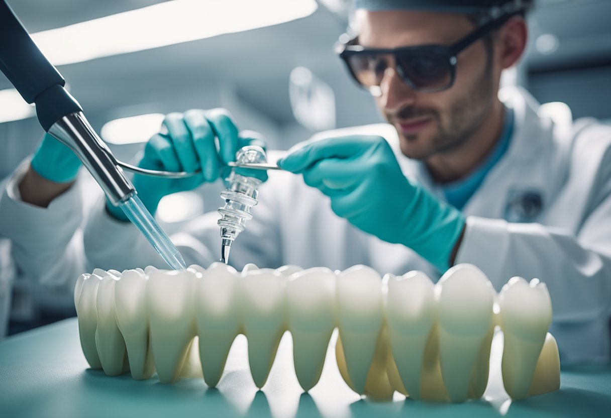 A dentist applying clear dental sealant to a molar, creating a protective barrier against cavities