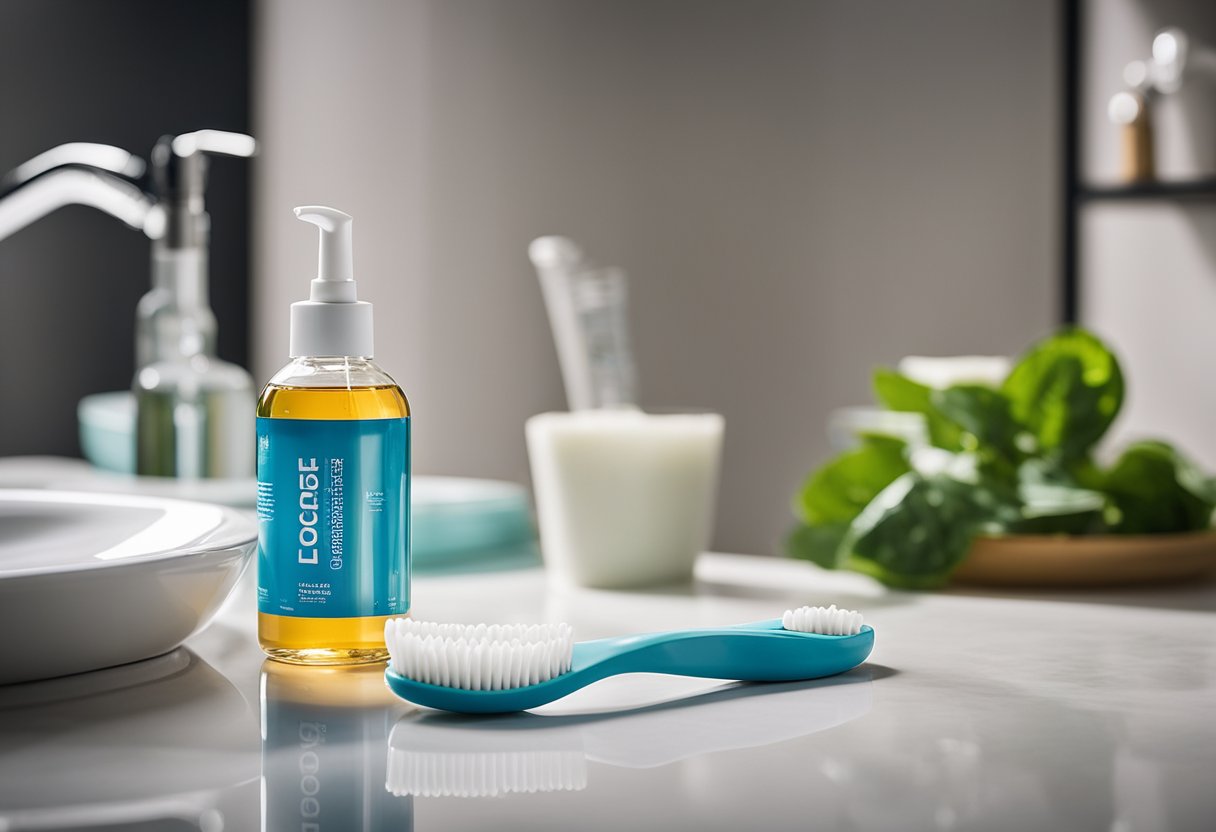 A toothbrush and toothpaste next to a glass of water on a bathroom countertop. A healthy snack and a water bottle on a table