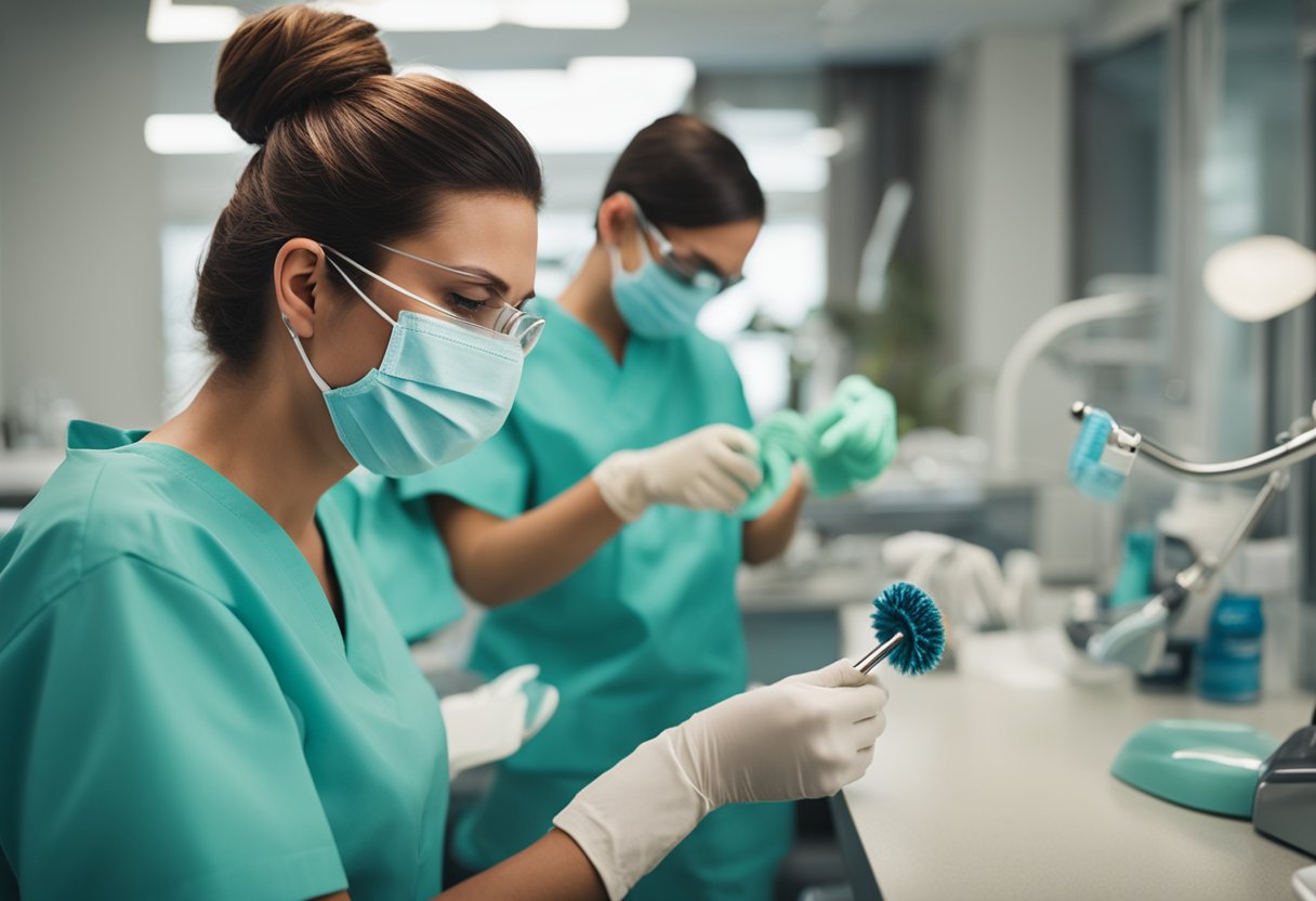 A dental hygienist uses tools to clean and polish teeth in a brightly lit dental office