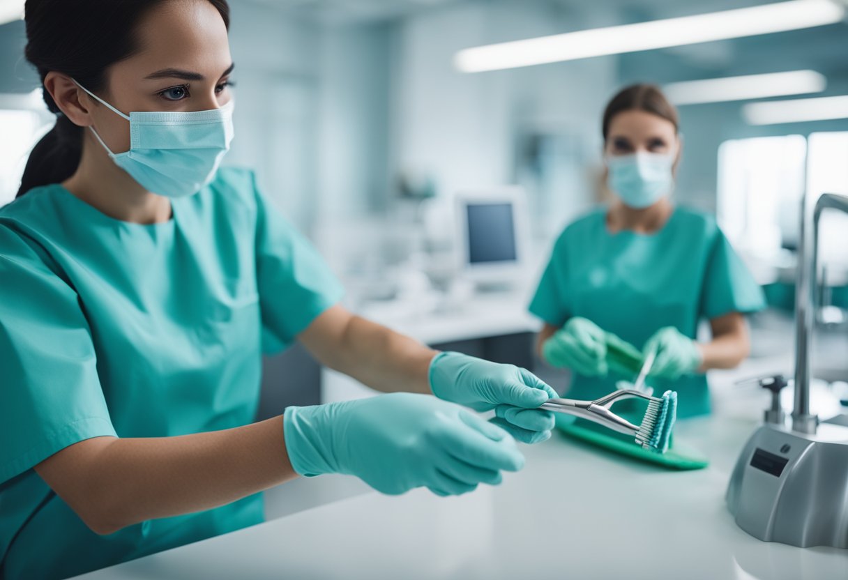 A dental professional using tools to clean teeth and gums in a bright, sterile office setting