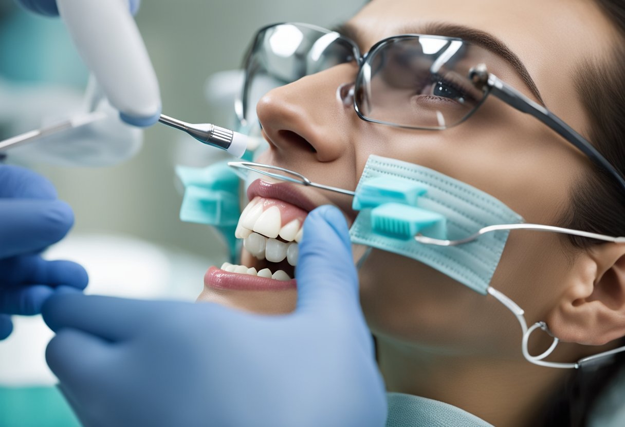 A dental hygienist applies fluoride treatment to a patient's teeth using a small brush, then allows it to set for a few minutes before rinsing