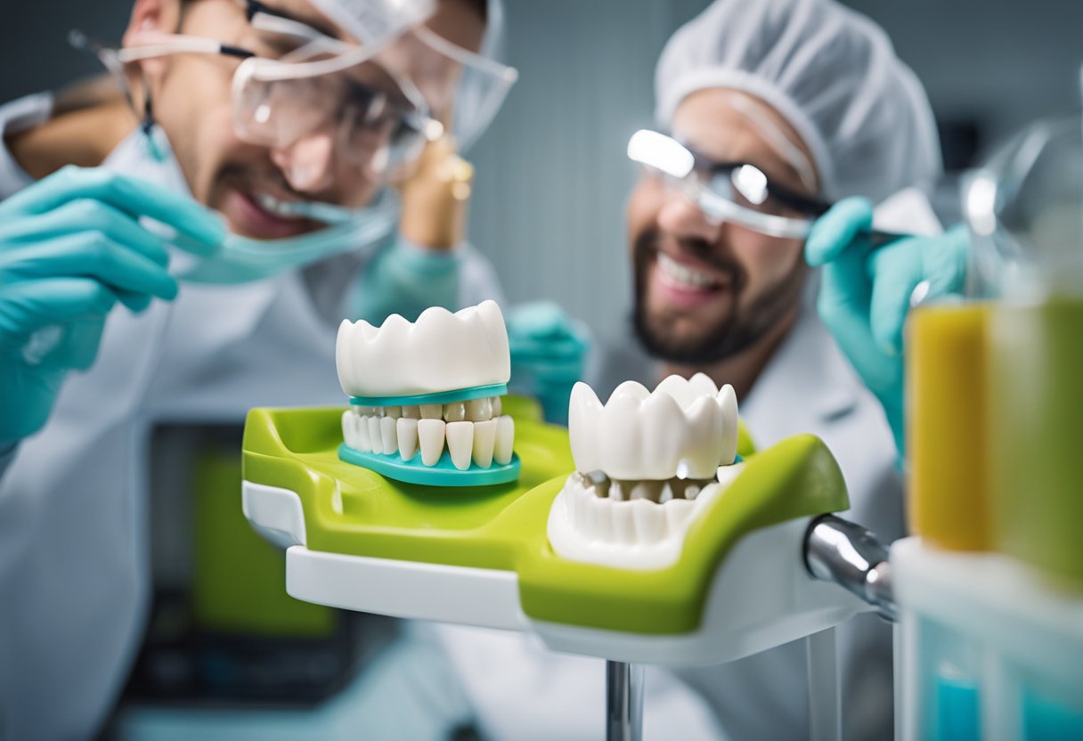 A dental hygienist demonstrating the use of professional cleaning tools on a model of teeth and gums