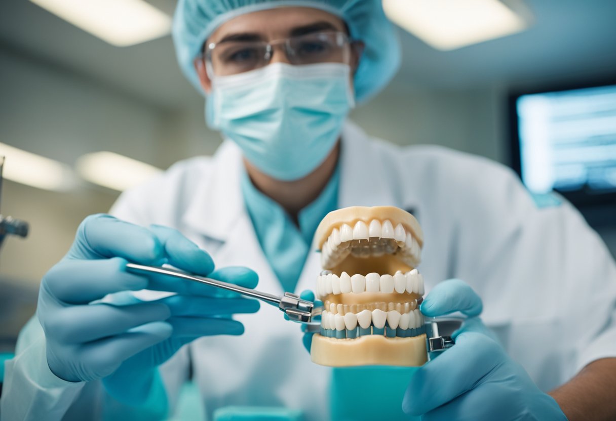 A dental hygienist carefully inspects and cleans a set of gleaming teeth, using specialized tools and equipment