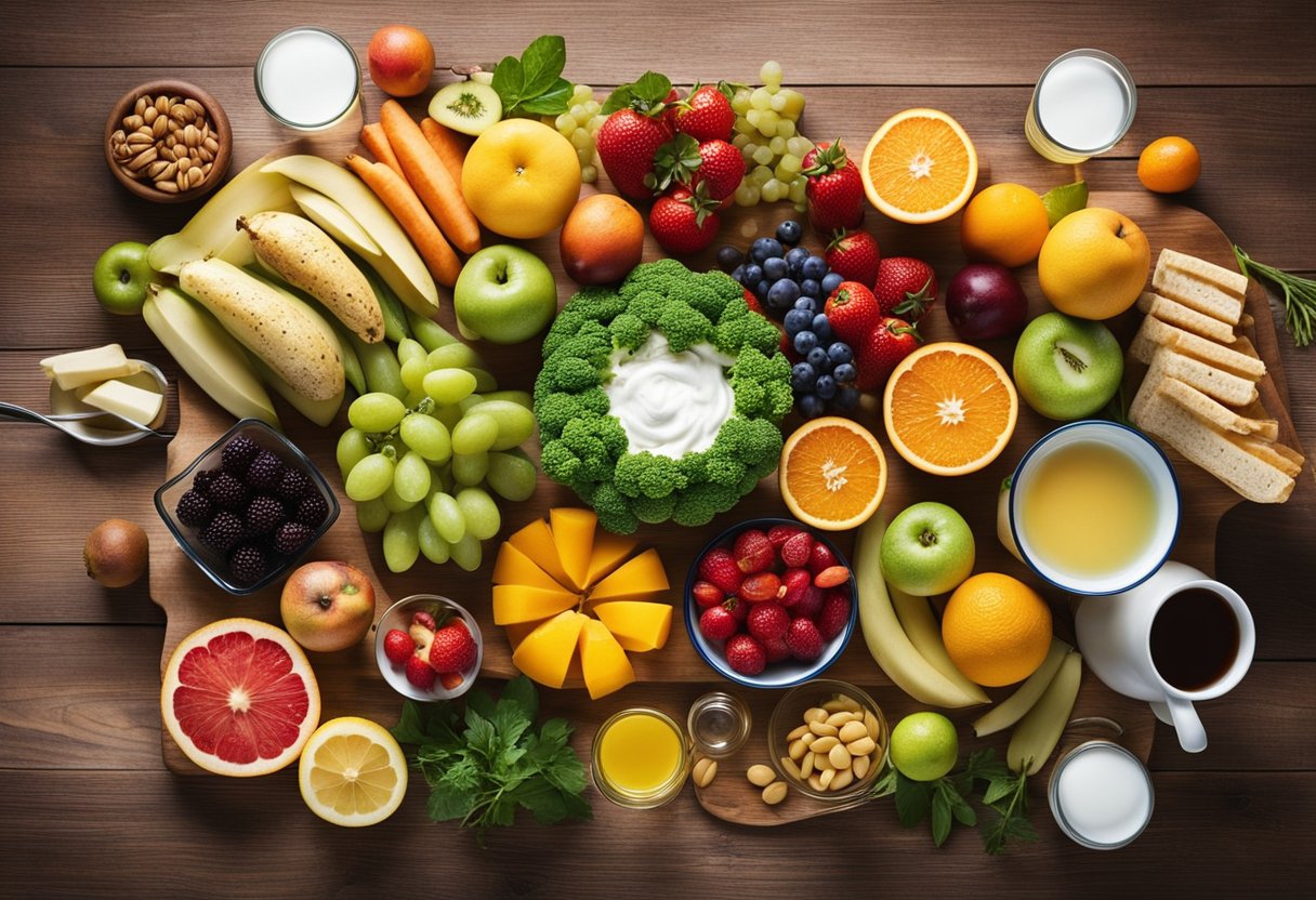 A table with a variety of foods and drinks, including fruits, vegetables, dairy products, and water, arranged in a balanced and colorful display