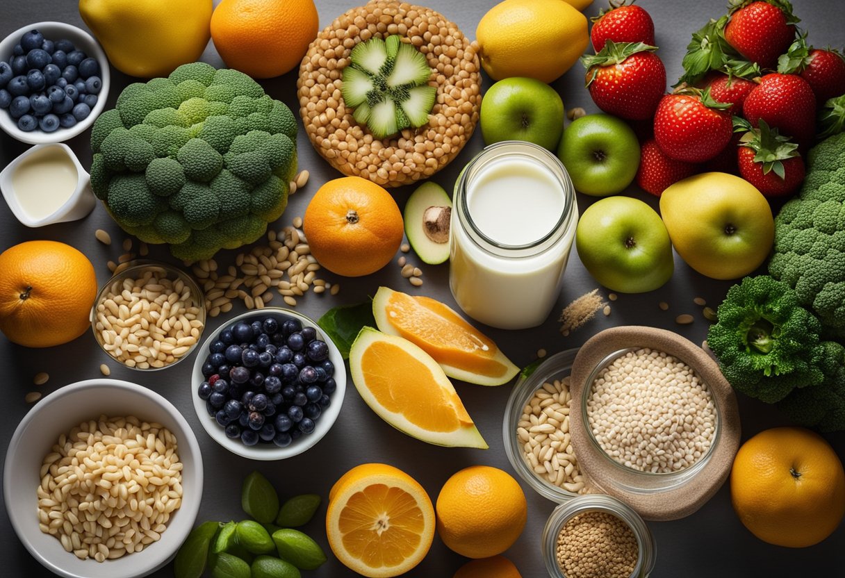 A variety of fruits, vegetables, dairy products, and whole grains arranged on a table, with a toothbrush and toothpaste nearby