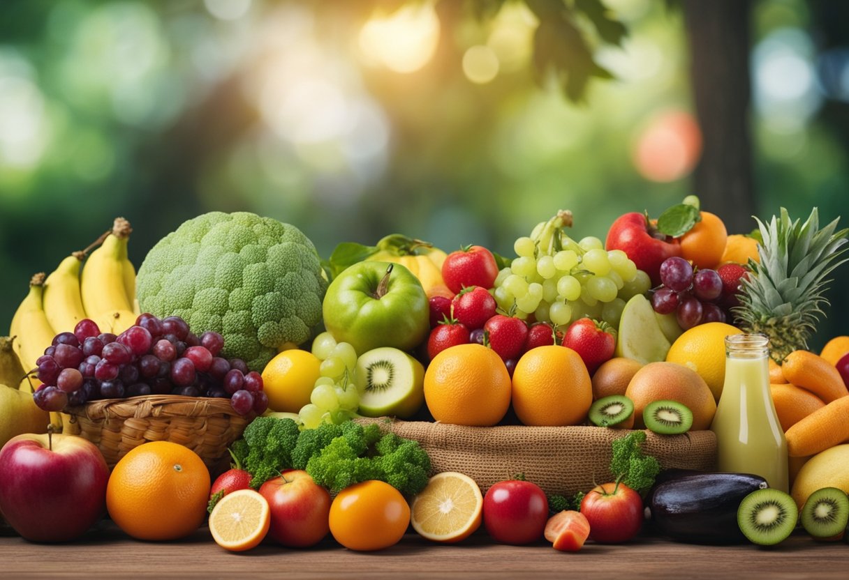 A variety of fruits, vegetables, and dairy products arranged in a colorful and appealing display, with a focus on foods rich in vitamins essential for oral health