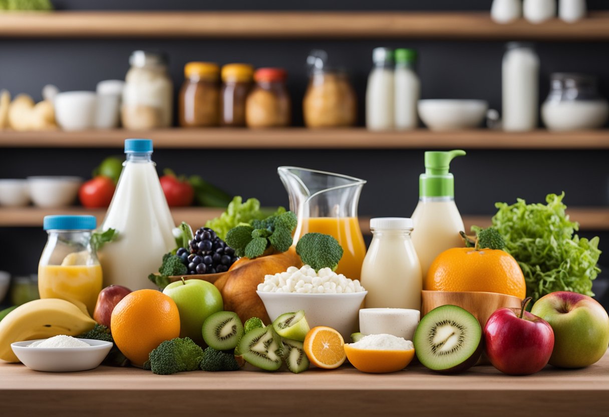 A colorful array of fruits, vegetables, dairy products, and lean proteins arranged on a table, with a toothbrush and toothpaste nearby