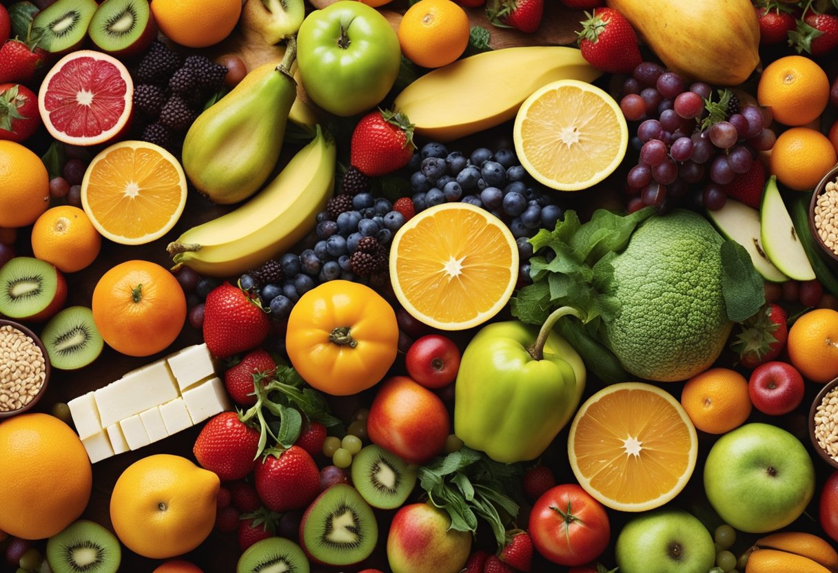 A colorful array of fruits, vegetables, dairy products, and whole grains arranged in a balanced and appealing manner