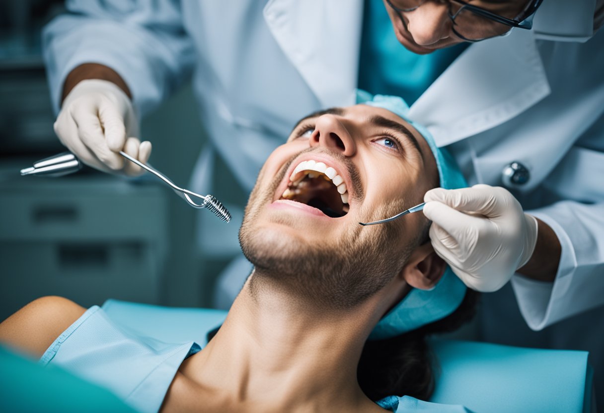 A dentist carefully places a dental implant into a patient's open mouth, surrounded by sterile tools and bright overhead lights