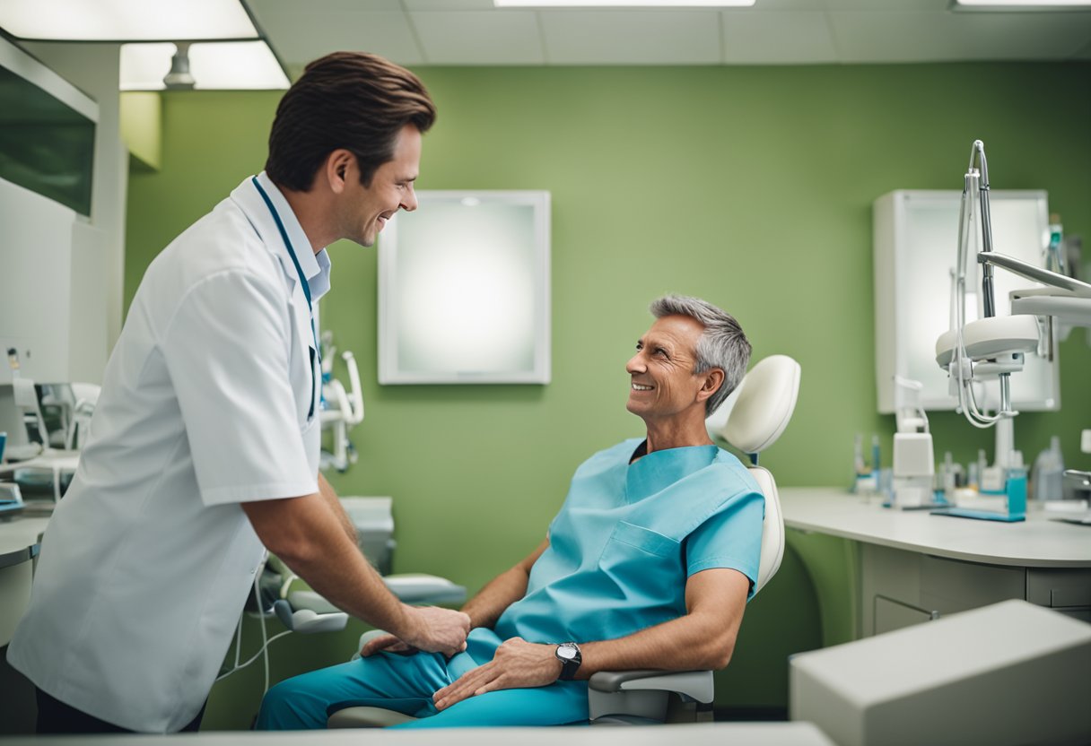 A person sitting in a dentist's chair, with a calm expression, as the dentist discusses aftercare and recovery for dental implants