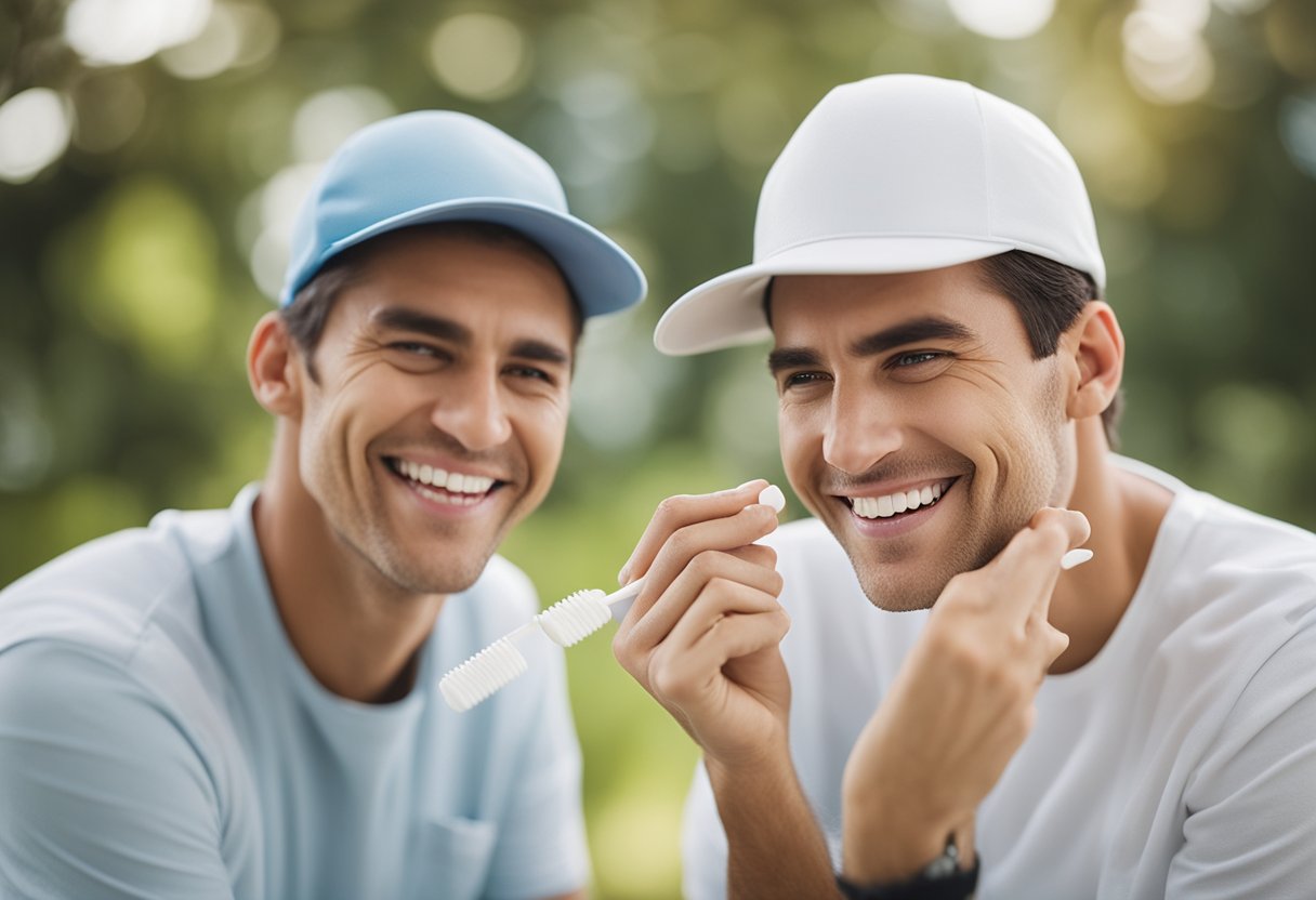 A person smiling confidently with dental implants, surrounded by toothbrush, floss, and mouthwash to emphasize the importance of oral hygiene