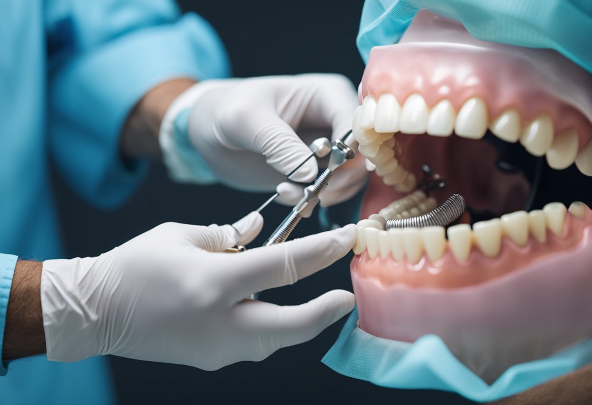 A dentist carefully placing a dental implant into a patient's jawbone, using precision tools and wearing protective gloves and a mask