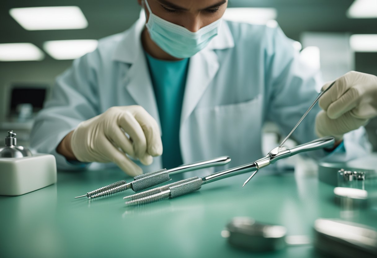 A dentist carefully selects dental tools for implant procedure