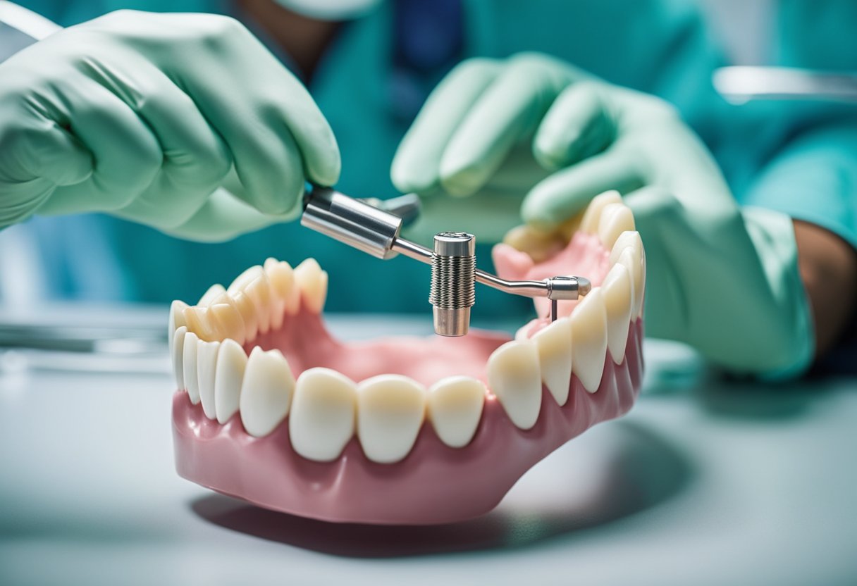 A dentist prepares the jawbone, inserts a titanium post, and attaches a temporary crown to illustrate the process of dental implant surgery