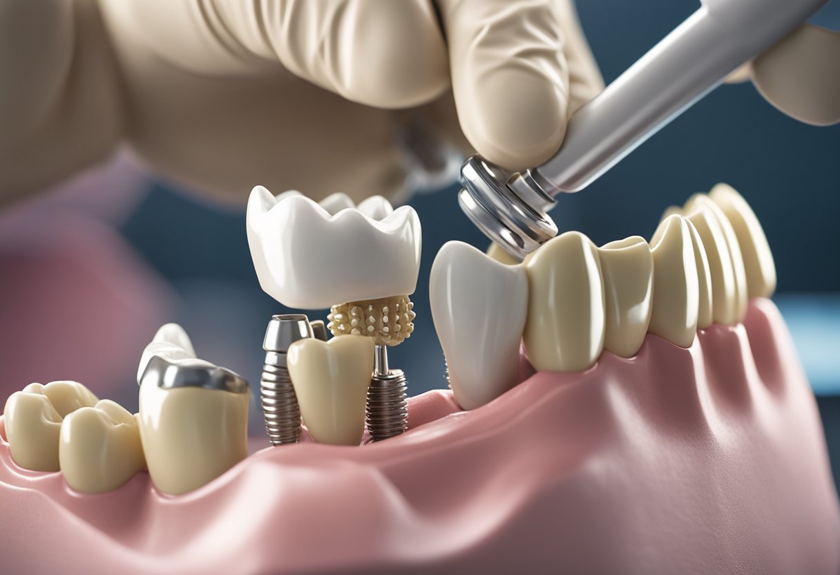 A dental implant being carefully placed and secured into the jawbone, with the final restoration and fitting being completed by a skilled dentist