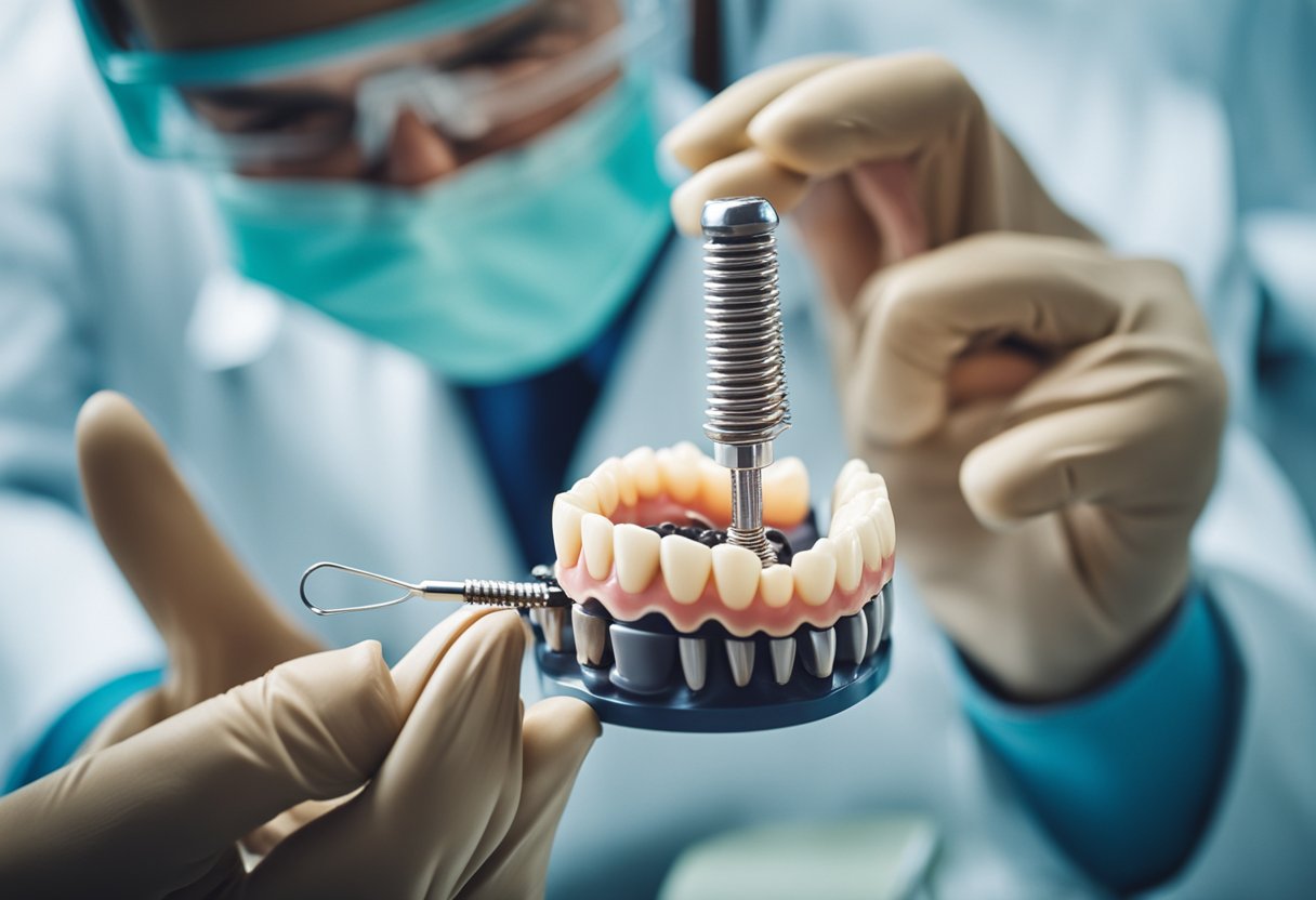 A dental implant being carefully placed into the jawbone by a dentist using specialized tools and equipment