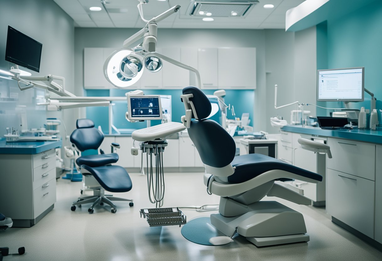 A dental implant procedure being performed in a modern, sterile dental office with a dentist and assistant, using specialized tools and equipment