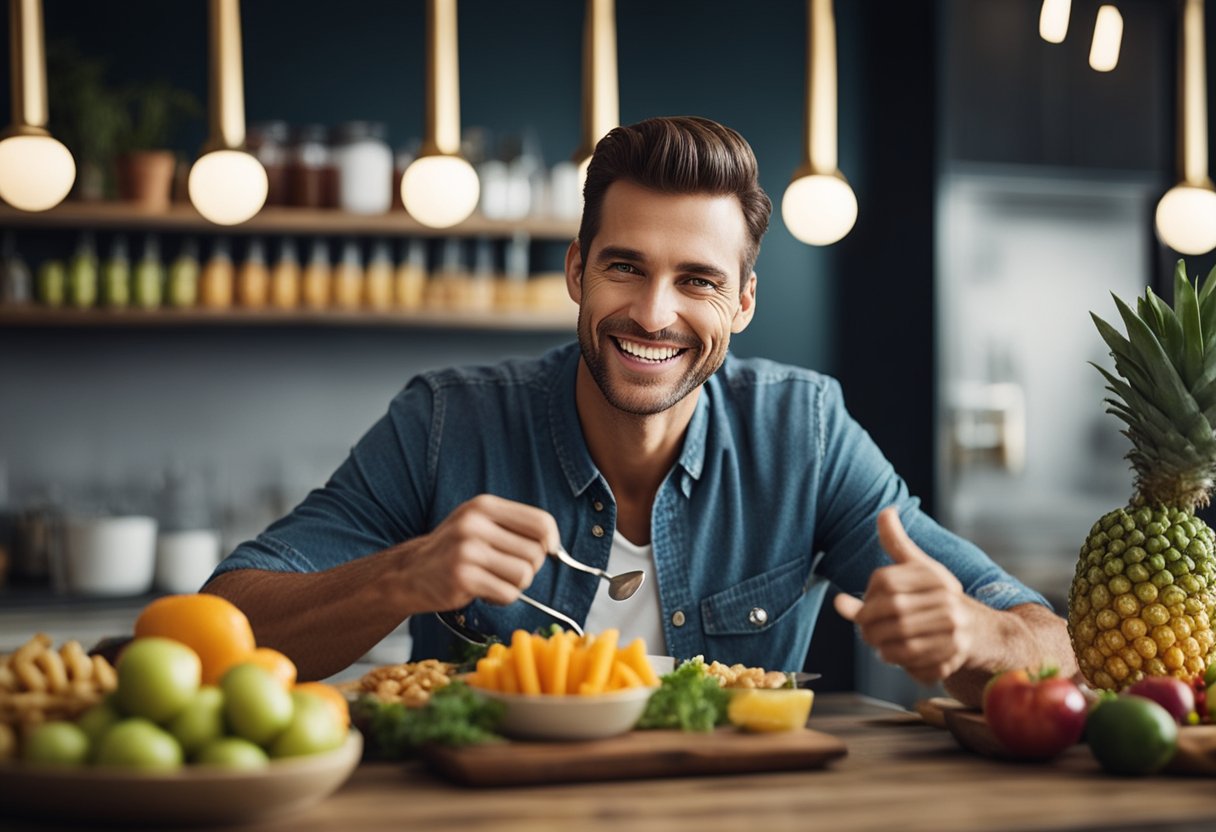 A smiling person with dental implants confidently enjoying a variety of foods without any discomfort or issues