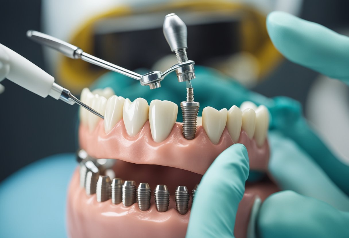 A dental implant being securely placed into a patient's jawbone by a dentist using specialized tools and equipment