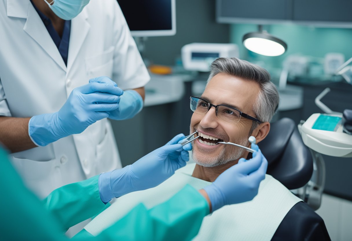 A dentist carefully places a dental implant into a patient's jawbone, using precise surgical instruments and a steady hand