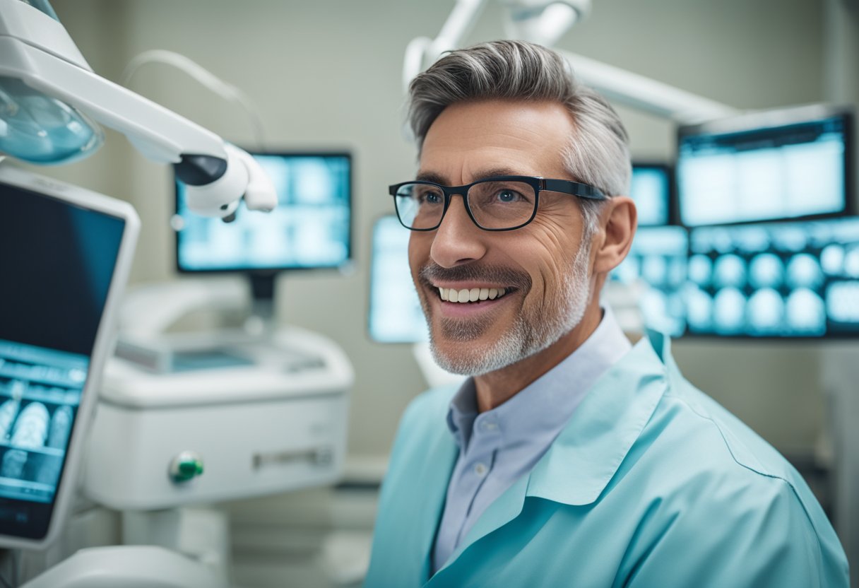 A dentist carefully monitoring a patient's post-surgical care, with a focus on dental implants