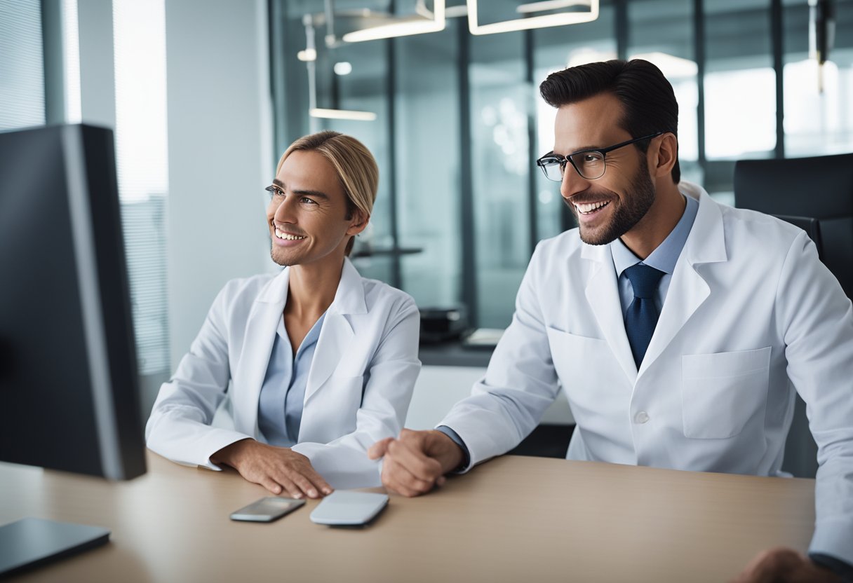 A dentist discussing dental implant options with a patient in a modern office setting. Visual aids and charts are displayed to illustrate pricing, insurance coverage, and the cost-effectiveness of the procedure