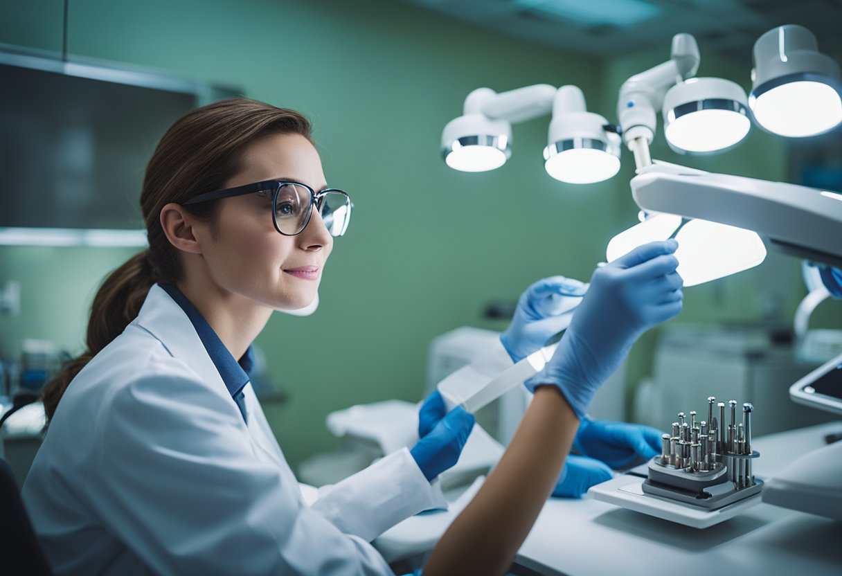 A dentist examining a patient's teeth, using tools and equipment to evaluate and discuss the process of dental crown placement