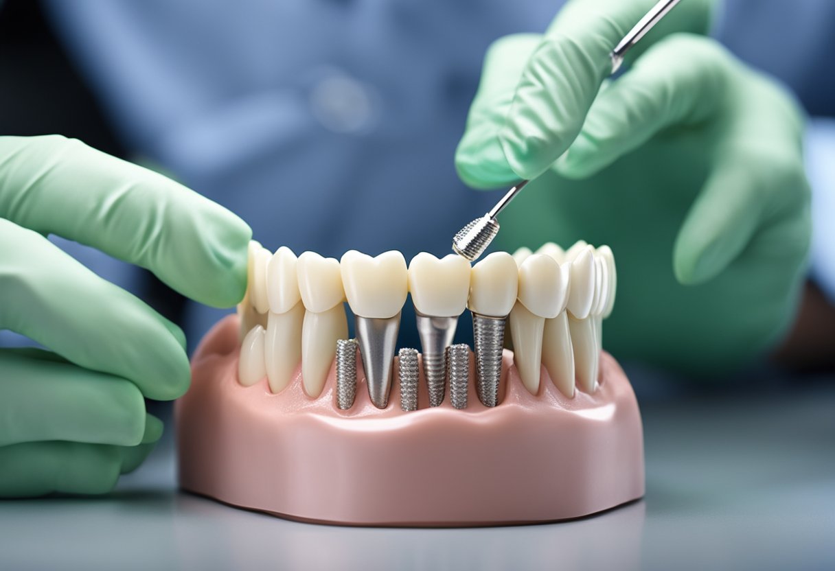 A dentist carefully places a permanent dental crown onto a prepared tooth, using precision tools and a steady hand