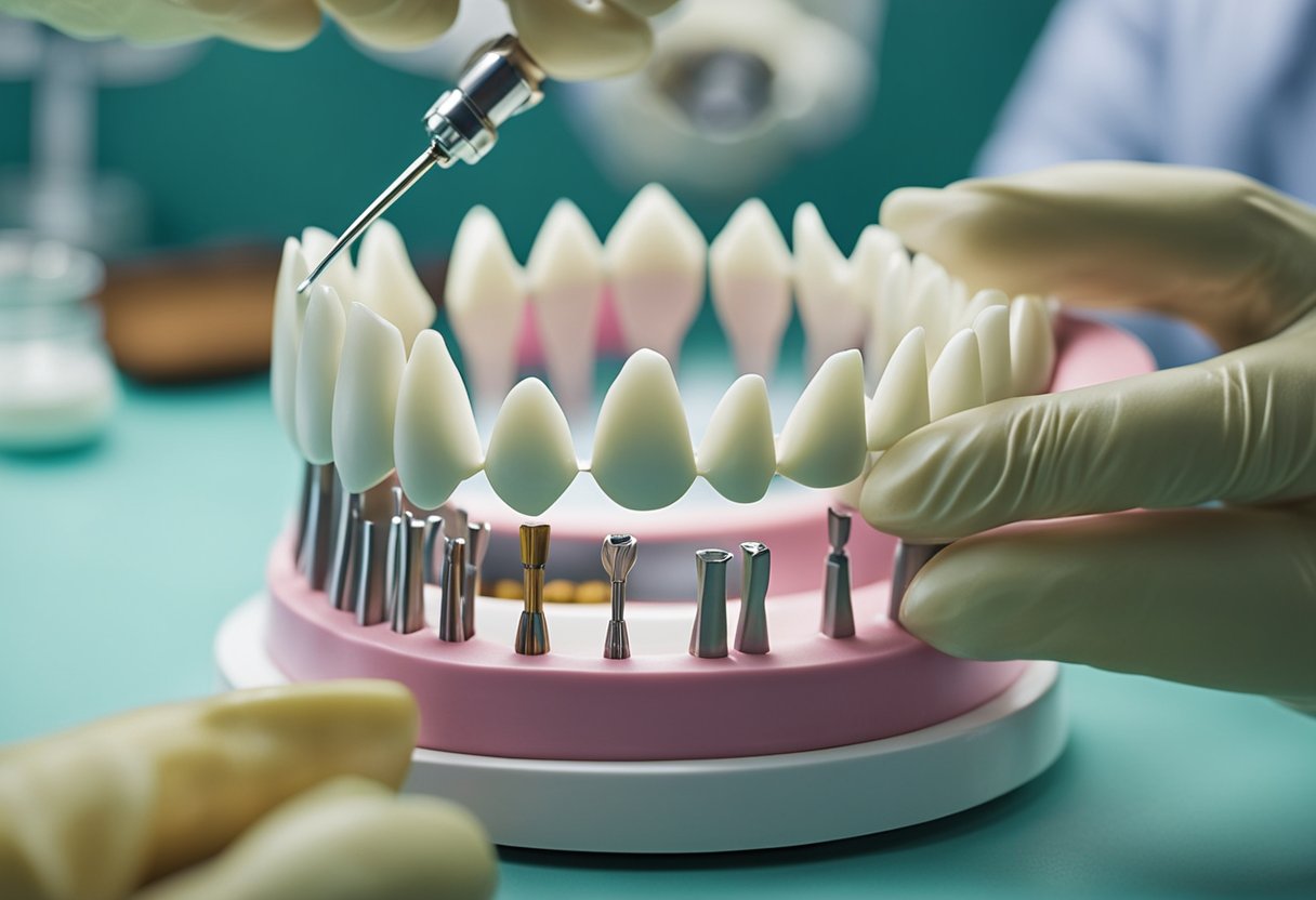 A dentist carefully shapes and fits a dental crown onto a model tooth, using precision tools and equipment in a modern dental office