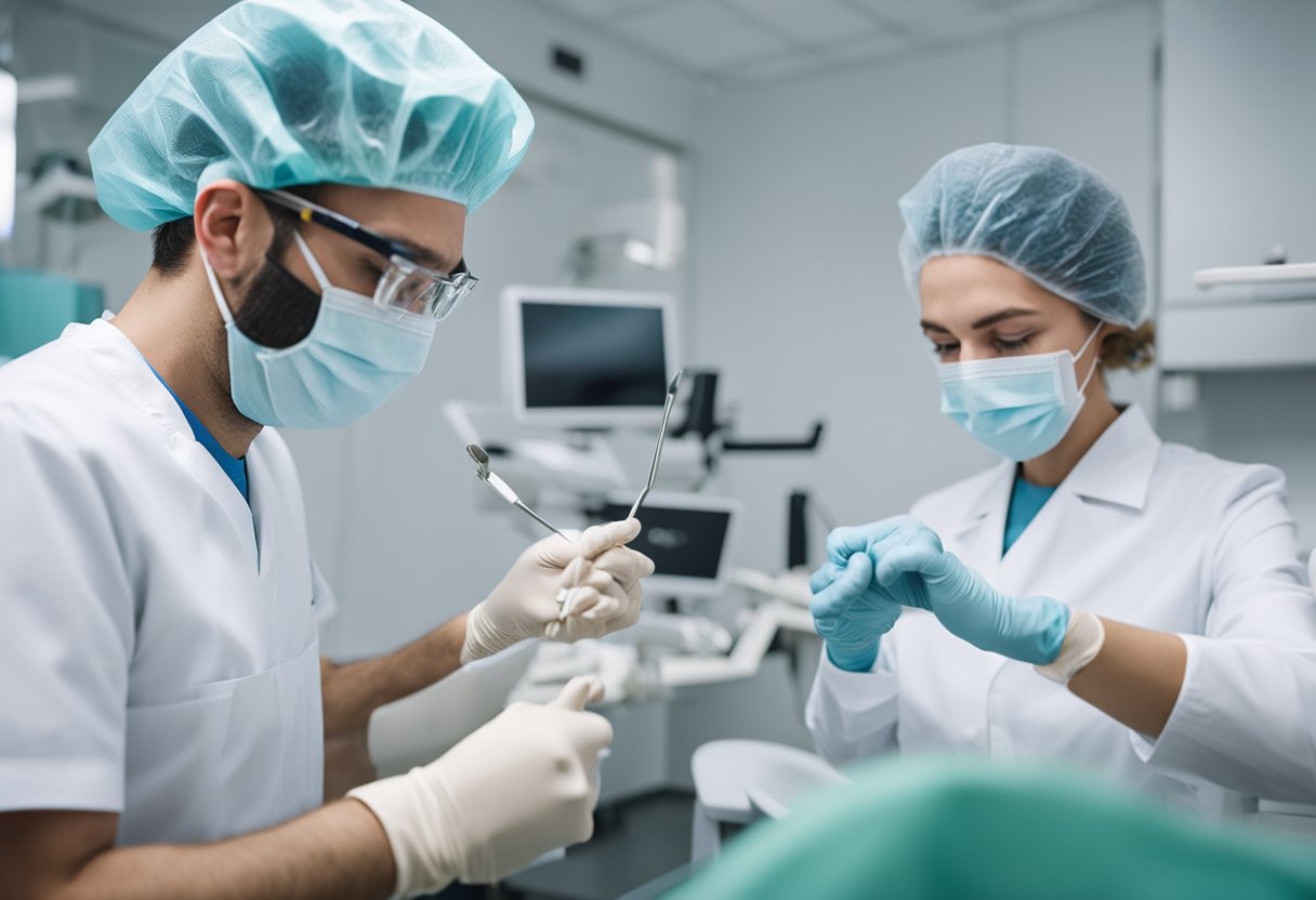 A dentist carefully shapes a tooth and takes detailed impressions before fitting a custom dental crown onto the prepared tooth