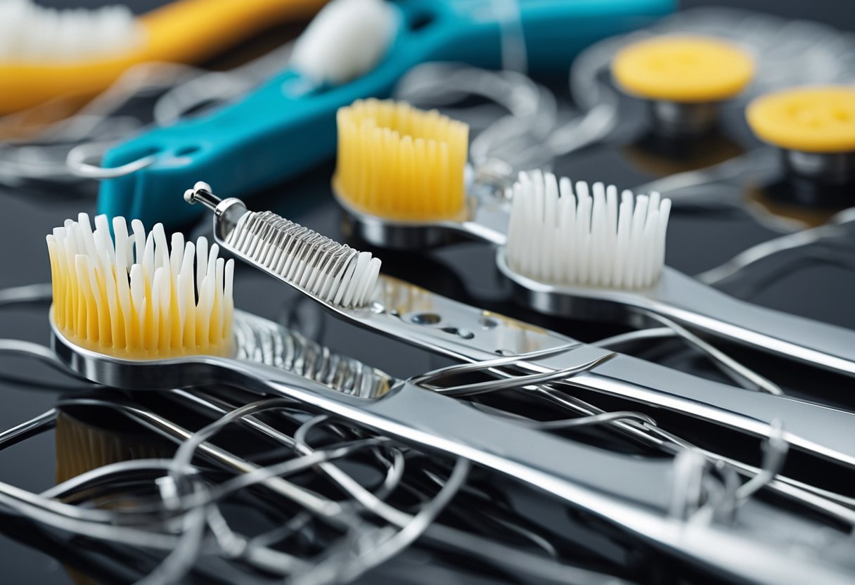 A toothbrush and floss carefully navigating around metal brackets and wires on teeth