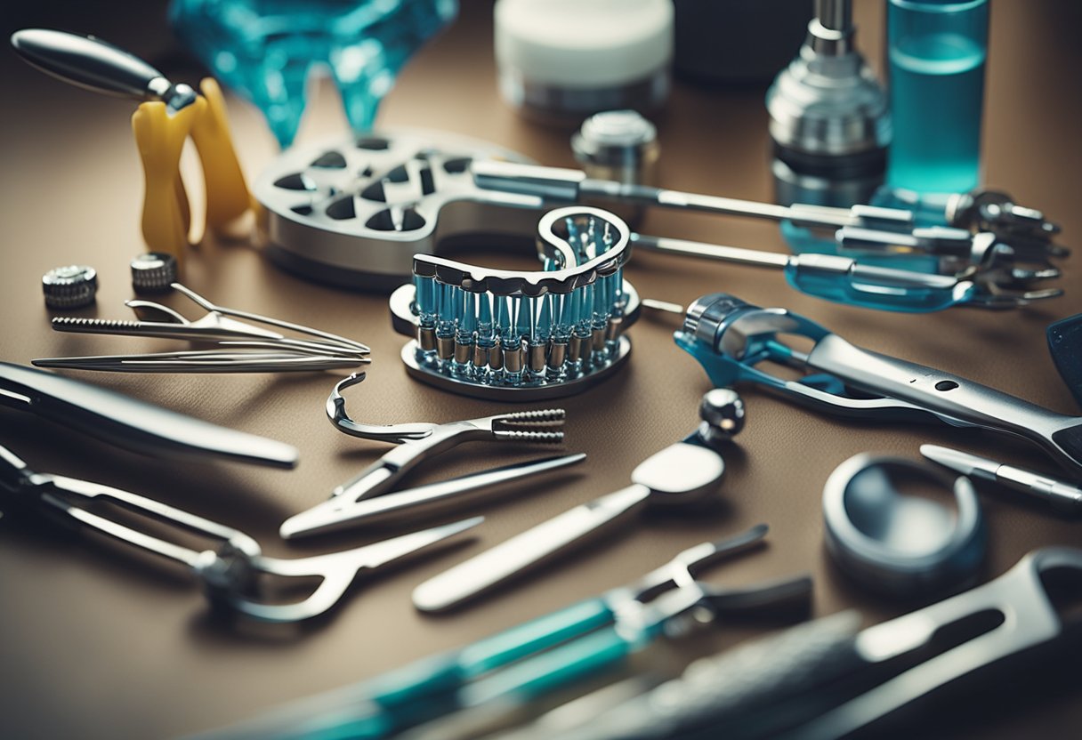 A smiling face with braces surrounded by dental tools and equipment