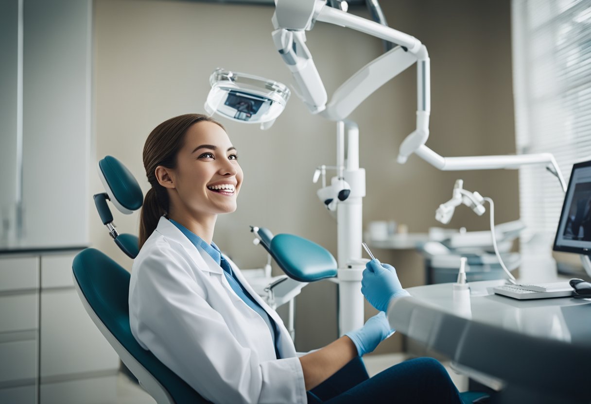 A smiling person with braces receiving a dental check-up while discussing cost and insurance coverage with the dentist