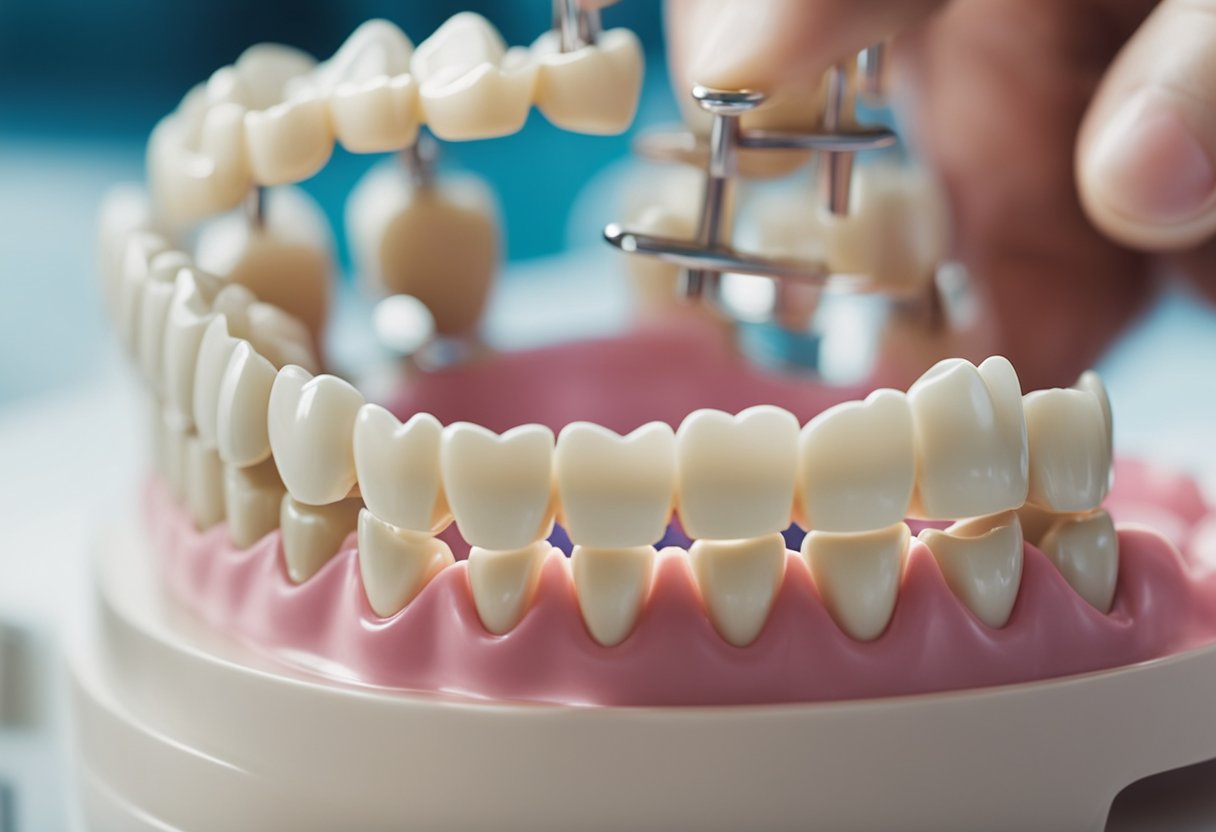 A set of dental braces being carefully adjusted and aligned on a model of teeth, demonstrating how they work to correct common orthodontic problems