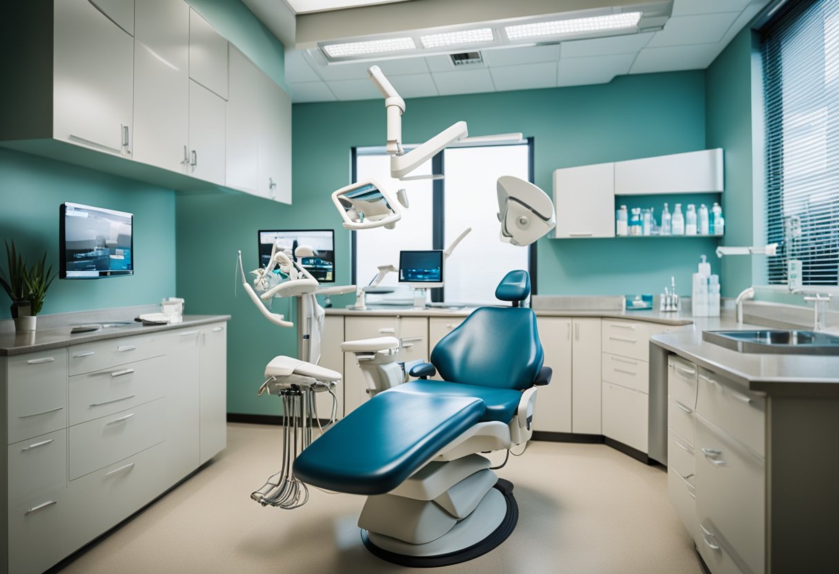 A dental office with a dentist and patient, dental tools, and a dental chair in a clean, well-lit room