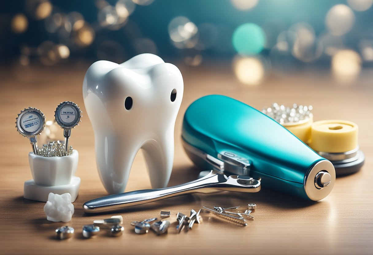 A smiling tooth surrounded by sparkling dental tools and a price tag